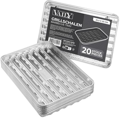 Vaily Alu Grillschalen 100er Pack, 32,5 x 22 cm | Grillpfanne und Tropfschale für BBQ, Camping und Küche, für weniger Fett und Schmutz