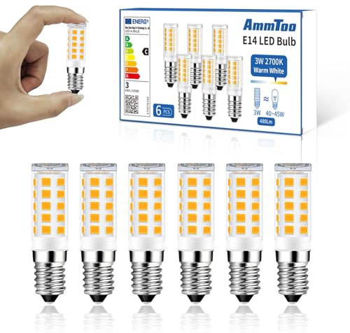 AmmToo E14 LED Lampe warmweiß 2700K, 480 Lumen LED Leuchtmittel 3W entspricht 40W-45W Halogenlampe, Glühbirne, kein Flackern, nicht dimmbar, Enegiesparende kleine Birne (6 Stück Warmweiss)