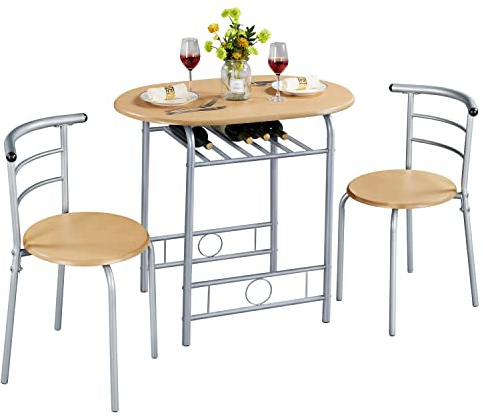 Yaheetech Essgruppe für 2 Personen, 1 Esstisch mit 2 Stühle, Küchentisch mit Ablagefach, Stahlgestell Tischgruppe für Küche, Wohnzimmer, Balkon, Restaurant, 80 x 53 x 75,5 cm, Holzfarbe