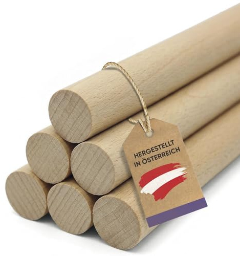 vasalat Holzstäbe zum Basteln Set - Holzstab 100cm x 20mm ideal für DIY-Projekte, Rundstab Buche unlackiert, glatt - 6 Stück