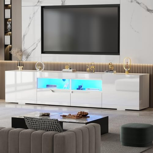 LSLIFE 200zm TV-Schrank mit Stauraum Weiß/Schwarz Hochglanz TV-Möbel mit LED-Leuchten Modernes Entertainment-Möbel für Wohnzimmer Schlafzimmer für bis zu 75-Zoll-Fernseher (weiß) | Für 65-85 Zoll TV; Hochglanz; RGB-LED-Leuchten; Tragkraft 80 kg; 2 Türen 2 Schubladen