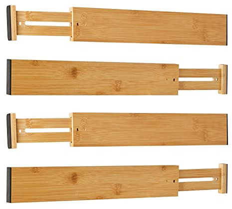 Schubladentrenner aus natürlichem Bambus Schubladenteiler Verstellbar (43-56 cm), gefedert Schubladen Ordnungssystem Drawer Organizer für Küche, Badezimmer, Schlafzimmer, Kommode und Büro, 4er-Set