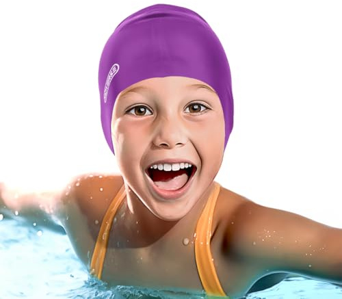 KIDVERSE Badekappe Kinder wasserdicht - Schwimmhaube Kinder mit Anti-Rutsch-Noppen - Badekappen für Schwimmer mit UV Schutz - Schwimmhaube Mädchen - Reißfeste Badehauben in verschiedenen Größen