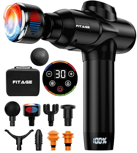 FITAGE Massagepistole mit Wärmefunktion und Kältefunktion, Leises Massagegerät mit 30 einstellbaren stufen, Massage Gun, 8 Aufsätze für Tiefengewebe, Schulter, Rücken, Ganzkörper Massage-Pistole