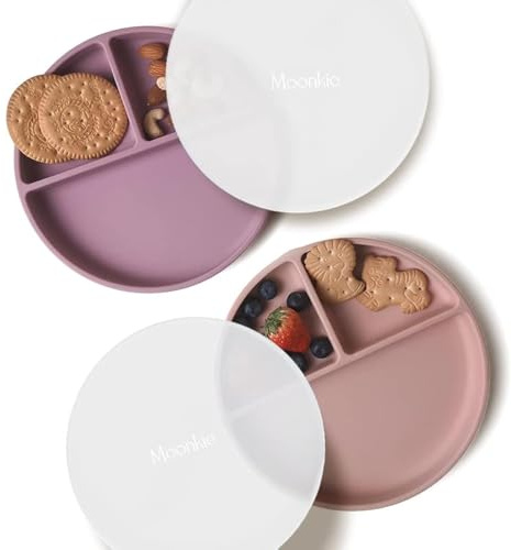 Moonkie 2pc Silikon Kinderteller, Baby Teller mit Saugnapf, BPA-freie Rutschfest Geteilte Babyteller aus Silikon mit Deckel, mikrowellen- und spülmaschinenfest (Pale Mauve/Blush)
