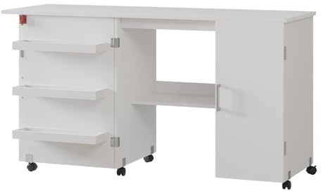 Vicco Nähtisch Carmen, Weiß, 148 x 75 cm mit 3 Regalfächer und Schrank, klappbar auf Rollen zur flexiblen Nutzung als Arbeitstisch
