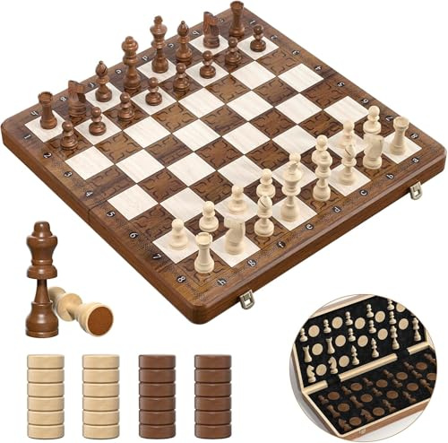 2IN1 Schachspiel Magnetisch -39x39cm Klappbares Schachbrett Holz Hochwertig mit 32 Schachfiguren & 2 Zusätzliche Damen, Schach für Erwachsene und Kinder