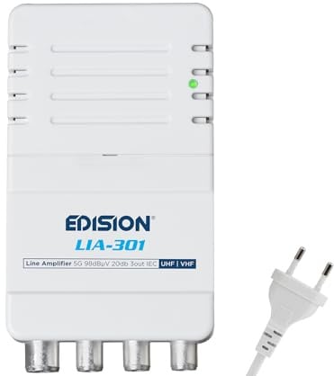 EDISION LIA-301 Hausanschlussverstärker UHF/VHF, 5-20db, 98dBmV, Frequenzbereich 47-694Mhz, geeignet für Kabelfernsehen, Terrestrisch und Radio, 5G LTE Filter, 1 Eingang, 3 Ausgänge, IEC Anschlüsse