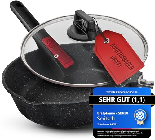 Smitsch Bratpfanne 28 cm mit Deckel – Beschichtet, abnehmbarer Griff, spülmaschinenfeste,ofenfeste pfanne,pfannen induktion, pfanne 28 cm hoher rand, PFOA frei, Pan 28cm