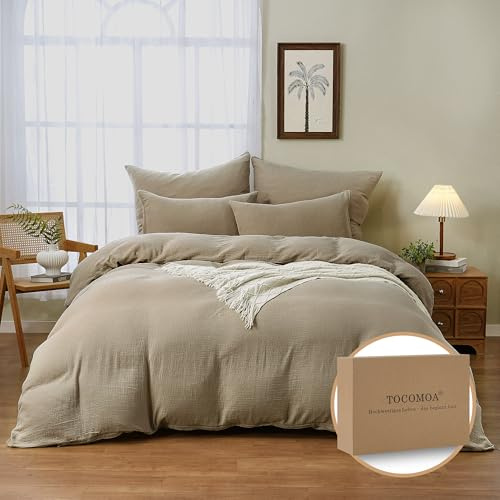 TOCOMOA Musselin Bettwäsche 135x200 Baumwolle 4teilig, Beige Leinenartiger 2 Bettwäsche-Sets mit 2 Kissenbezug 80x80 cm, Oeko-TEX Zertifizierter Bettbezug mit Reißverschluss