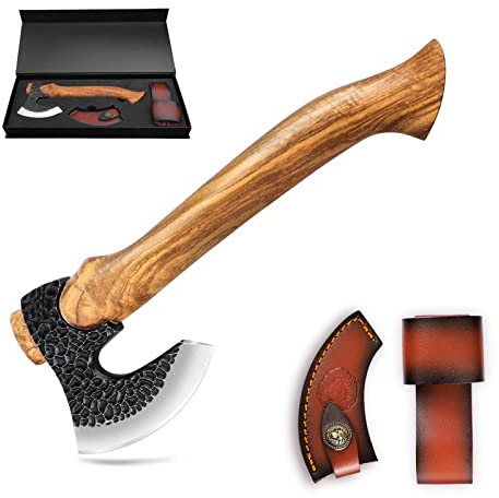 Golden Bird Axt Beil mit Scheide, 27CM Camping Axt Handbeil mit Birnenholz Griff Trekking Survival Bushcraft Beil Retro Hand Geschmiedetes