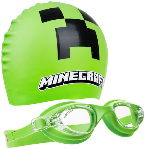Get Trend Minecraft Schwimmbrille Kinder Badekappe Set Silikon Badehaube Swimm Brille Anti-Beschlag-UV-Schutz Schwimmen Zubehör Geschenk Idee (Grün, 6-14 Jahre)