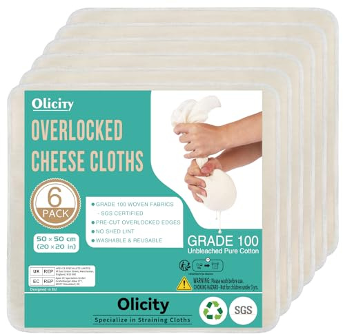 Olicity Passiertuch 6er Set | Premium Overlock-Käsetuch 50x50cm fein gewebt & ungebleicht | Wiederverwendbare Cheesecloth für Käseherstellung & Gelee | Ideal zum Abseihen,Saft auspressen |Baumwollgaze