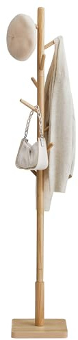 VASAGLE Garderobenständer, Kleiderständer Massivholz, Jackenständer Baumform, 8 Haken für Jacken, Hüte, für Flur, Haken und Haltestange aus Kautschukholz, naturbeige RCR010N01