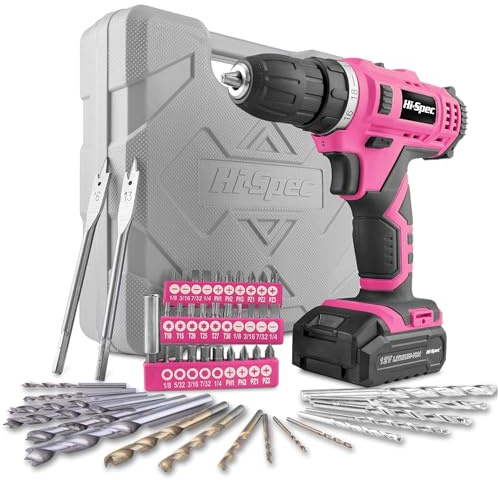 Hi-Spec Akkuschrauber und Bohrmaschinen 50tlg. – 12V Bohrmaschine in Pink Rosa mit gängigen Holz-, Metall- und Steinbohraufsätzen – Praktische Box für Frauen im Haushalt – Akkubohrer und Schrauber