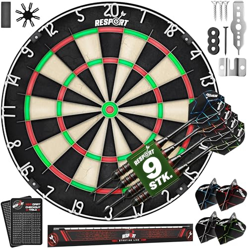 RE:SPORT® Sisal Premium Dartscheibe XXL Set mit 9 Profi Dartpfeile + 24 Pro Flights + Zubehör | Steeldart Dartboard mit Montageset | Steeldartscheibe mit Pfeilen Startlinie
