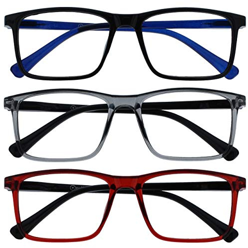 OPULIZE Ink Lesebrille - 3er Pack - Großer Rechteckiger Rahmen - Kratzfest Schwarze Grau Rot Herren Damen - Federscharniere - RRR4-17Z - +2.00