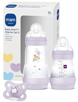 MAM Easy Start Anti-Colic Starter Set S, Baby Erstausstattung, lila | 2 Anti-Colic Babyflaschen 160 ml & 260 ml inkl. Sauger Gr. 1 & Schnuller, Lila, Selbst-sterilisierend