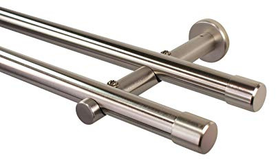 iso-design Gardinenstange 2-läufig 20 mm Farbe Edelstahl, Rohr aus Edelstahl, Wandmontage, Vorhangstange aus Metall, mit Wandhaltern und Endstück Kappe, 180 cm