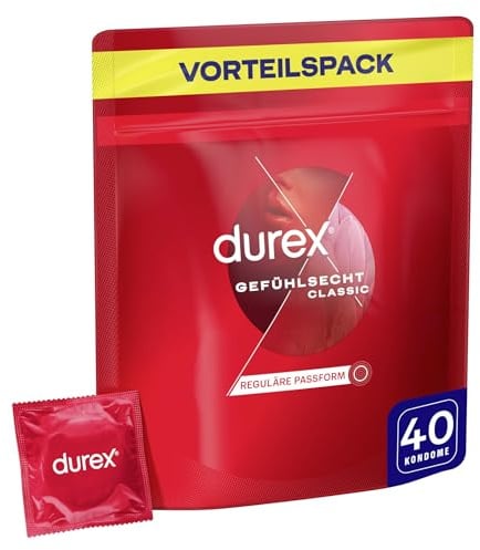 Durex Gefühlsecht Classic Kondome – Dünne Kondome mit anatomischer Easy-On-Form & mit Silikongleitgel befeuchtet – 40er Pack (1 x 40 Stück)