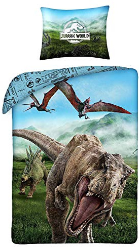 Halantex Bettwäsche aus 100% Baumwolle, Original Jurassic World Dinosaurier, T-Rex, Bettbezug 140 x 200 cm + Kissenbezug 70 x 90 cm