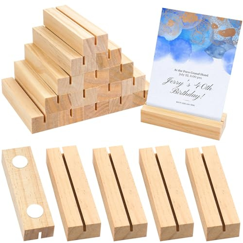 sebudion 20 Stück Kartenhalter Holz mit gerader Nut und Nanogel, Tischkartenhalter Menükartenhalter Postkartenhalter aus Kiefernholz für Hochzeiten Partys Bankette