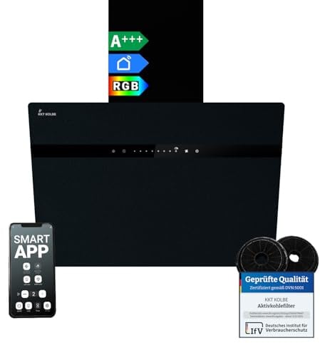 KKT KOLBE A+++ Dunstabzugshaube 60 cm 782 cbm/h Kopffreie Wandhaube Edelstahl schwarzes Glas WLAN RGBW-LED-Beleuchtung SensorTouch Bedienung STYLE6005SMAO