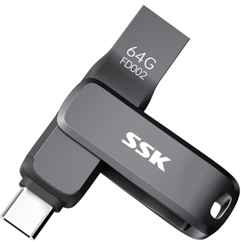 SSK USB Stick 3.2 64GB, bis zu 200 MB/S schnell USB Speicherstick, Dual USB Flash Drive a und c, robuster schwarzer Metall Pendrive für Handy, Tablets, MacOS, Computer, Car, TV