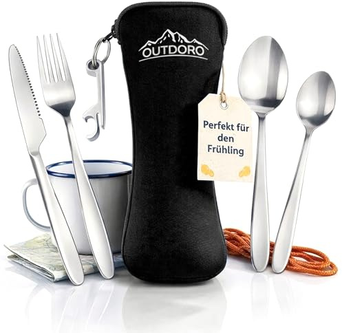 Outdoro Campingbesteck und Reisebesteck aus Edelstahl mit Neopren-Bestecktasche - Ideales Besteckset für Outdoor und Reisen