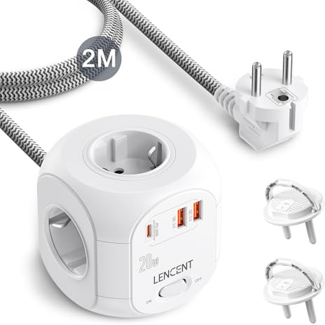 LENCENT PD20W Schnellladung 4 Fach Steckdosenleiste Steckdosenwürfel 7 in 1 Mehrfachsteckdosen Cube Steckdose Steckerleiste mit 2 USB-A & 1 USB-C, USB Mehrfachstecker mit 2 Meter Geflochtenem Kabel