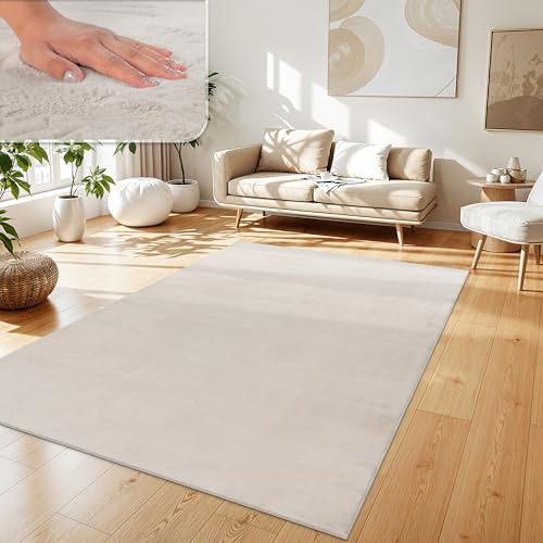 Paco Home Teppich Wohnzimmer Kunstfell weich waschbar modern elegant pflegeleicht Felloptik Uni Seidenglanz flauschig Hochflor, Grösse:140x200 cm, Farbe:Creme