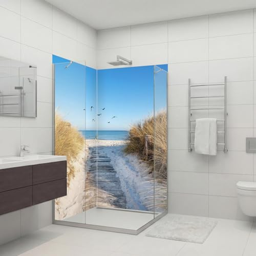dedeco 2tlg. Eck-Duschrückwand Nordsee V1, 90x200cm Alu 3mm classic | Wasserfeste Duschrückwand, Alu-Verbundplatte classic – fugenlos, pflegeleicht, Fliesenersatz, Made in Germany