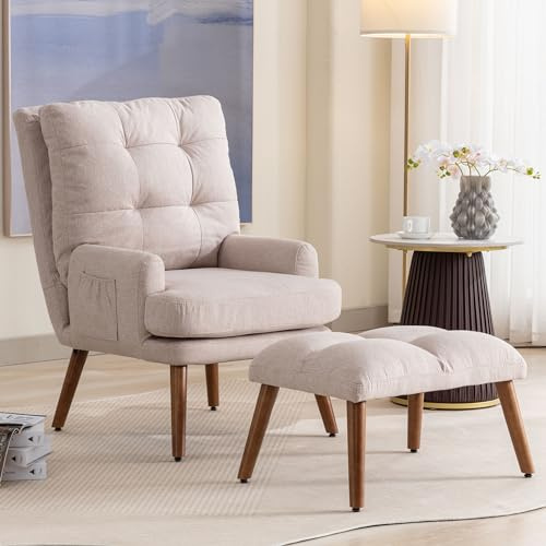 Merax Relaxsessel mit 10-stufig Liegefunktion, Bequemer Sessel mit Hocker, Fernsehsessel mit Seitentaschen, Beige
