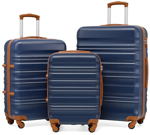 COOLIFE Kofferset 3-teilig, Hartschalenkofferset Hard Shell mit TSA-Schloss, Reisekoffer mit 4 Rollen, Teleskopgriff, Trolley Rollkoffer für Geschäftsreisen, Fernreisen und Familienurlaube, Blau/Braun