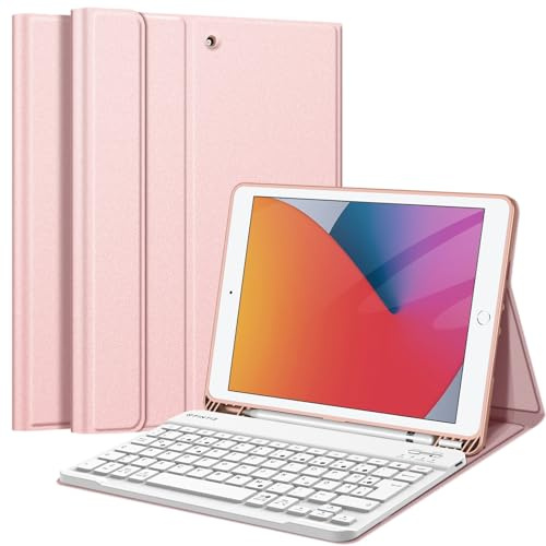 FINTIE Tastatur Hülle für iPad 10.2 Zoll (9/8/7 Generation, 2021/2020/2019) | Schutzhülle mit TPU Rückschale, Pencil Halter und magnetisch Abnehmbarer Tastatur mit QWERTZ Layout, Roségold