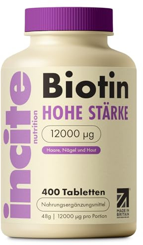 Incite Nutrition Biotin-Haarwachstumsergänzungsmittel 12.000 mcg – Tabletten (Ganzjahresvorrat plus Vorrat), hergestellt im Vereinigten Königreich, für Herren und Damen, 400 Stück (1er-Pack)