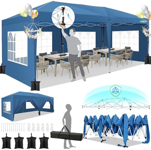 HOTEEL 3x6 Pavillon Wasserdicht Stabil, mit 6 Seitenwänden, Faltpavillon One-Push-Aufbau, 8 Windschutzstangen, Pop Up Partyzelt, für Hochzeiten Party Markt Picknick Camping (Blau)