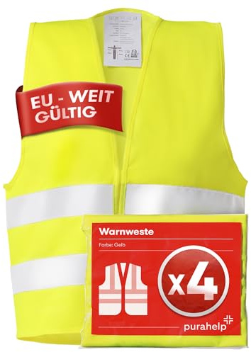 PURAHELP Warnwesten Auto 4er Set Europaweit gültig nach EN ISO 20471 - Reflektierende Warnweste Auto Gelb - Warnschutzweste - Sicherheitswesten für Erwachsene