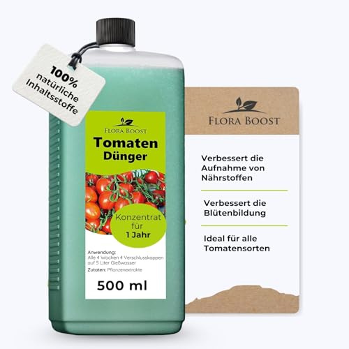 Konfitee Tomaten Dünger Flora Boost 500ml I Für bis zu 100L Gießwasser I Dünger für Tomaten- & Gemüsepflanzen I Flüssiger Blatt- & Wurzeldünger I 100% natürlicher Pflanzendünger