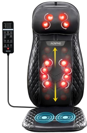 RENPHO Massagesitzauflage, Shiatsu Massagegerät Rücken mit 12 Massagerollen, Rückenmassagegerät mit DREI Massagezonen Wärme, Massagematte mit Vibrationsmassage, Tiefenmassage Rollmassage für Nacken