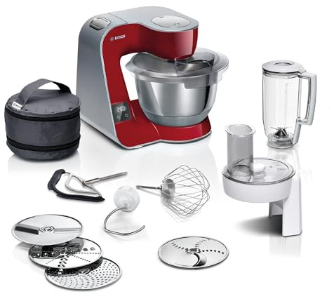 Bosch Küchenmaschine MUM5 MUM5X720, integrierte Waage,Edelstahl-Schüssel 3,9L, Mixer 1,25L, Profi-Knethaken, Planetarisches Rührgetriebe, Rührbesen, Durchlaufschnitzler, 1000 W, Silber/Dunkelrot