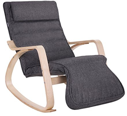 SONGMICS Schaukelstuhl, Relaxstuhl, 5-Fach verstellbare Fußstütze, bis 150 kg belastbar, Gestell aus Birkenholz, Abnehmbarer Bezug des Kopfkissens, 125 x 67 x 91 cm, dunkelgrau LYY42GYZ