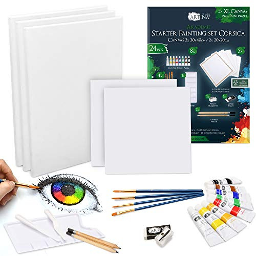 Artina 24tlg. Acrylfarben Set mit 5x FSC® Keilrahmen Pinseln Malpalette | 8x12ml Acrylfarbe Künstler Kinder für Anfänger & Hobbykünstler zum Malen Malset Acryl Zubehör Corsica