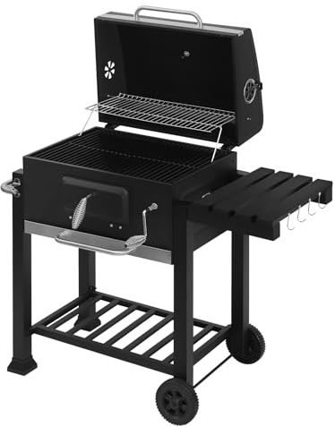 WOLTU Holzkohlegrill mit Deckel, große Grillfläche, variable Kohlewanne, Smoker Grill BBQ mit Grillrost, Thermometer, Grillwagen für Camping, 117 x 107 x 71 cm, Schwarz