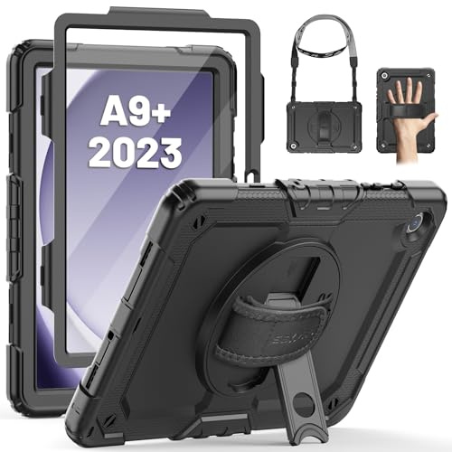 SEYMAC Hülle für Samsung Galaxy Tab A9+ Plus 11 Zoll 2023, Stoßfeste für Samsung Galaxy Tab A9+ Hülle mit Displayschutz, 360° Drehbarem Ständer/Handschlaufe, Schultergurt, mit Stifthalter, Schwarz