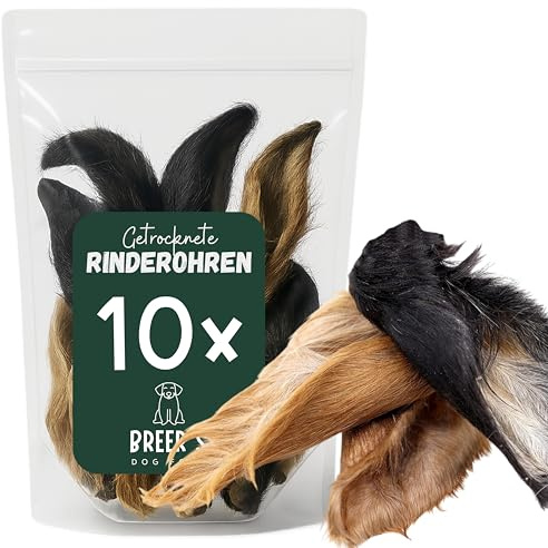 BREERs Rinderohren mit Fell Hund - Getrocknete Rinderohren 10 Stück | Naturkauartikel mit Ohrmuschel, getreidefrei, ohne Zusätze – BARF-geeigneter Kausnack für Hunde