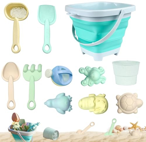 11 Stück Sandspielzeug Strandspielzeug Kinder, Strand Spielzeug Set, Sandkasten Spielzeug mit Faltbares Eimer, Sandschaufel, Sandformen, Gartenspielzeug für Kinder, Sandspielzeug für Mädchen Junge
