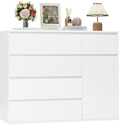 FOREHILL Kommode weiß mit 5 Schubladen und 1 Tür Sideboard 100cm Komodenschrank für Schlafzimmer, Wohnzimmer, Arbeitszimmer, Flur Schubladenschrank 100x40x80cm