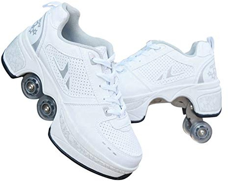 JTKDL Rollschuh Roller Skates Lauflernschuhe, Sneakers, 2in1 Mehrzweckschuhe Schuhe Mit Rollen Skateboardschuhe,Inline-Skate,Verstellbare Quad-Rollschuh Stiefel,Silver-43