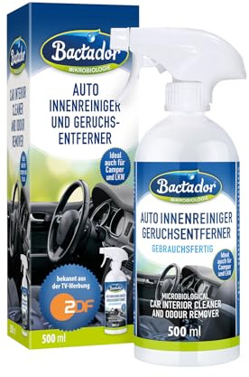 Bactador Auto Innenraum Reiniger Spray 500 ml - Geruchsentferner - Cockpitpflege Auto - Mikrobiologischer Innenraumreiniger Autos - Cockpit Reiniger Autos - Polsterreinger Autositz - Enzymreiniger